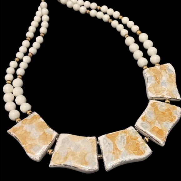 Vintage White and Gold Porcelain Beaded Necklace - Picture 1 of 10